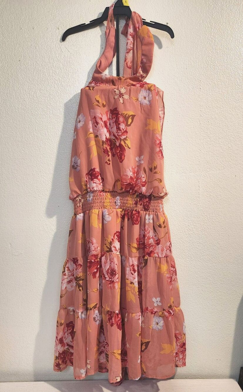 Emerald Sundae Floral Pink Open Back Tiered Halter Dress  Size M